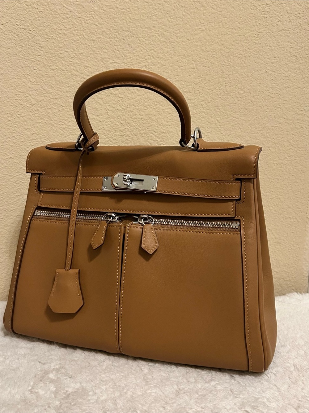 28cm Biscuit Top Handle Double Front Pocket Leather Satchel